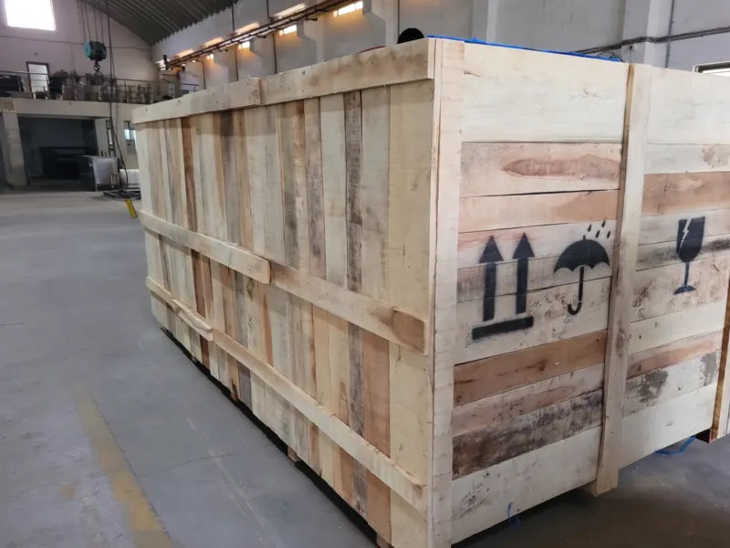 Closed wooden box with stencilled handling marks