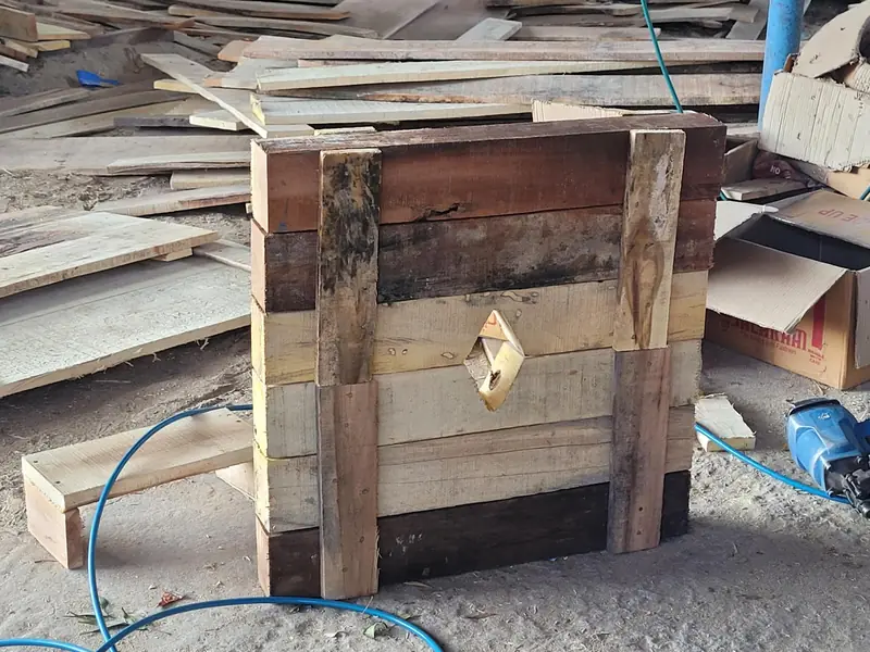 A sturdy wooden box made in the Ambica workshop at Santej